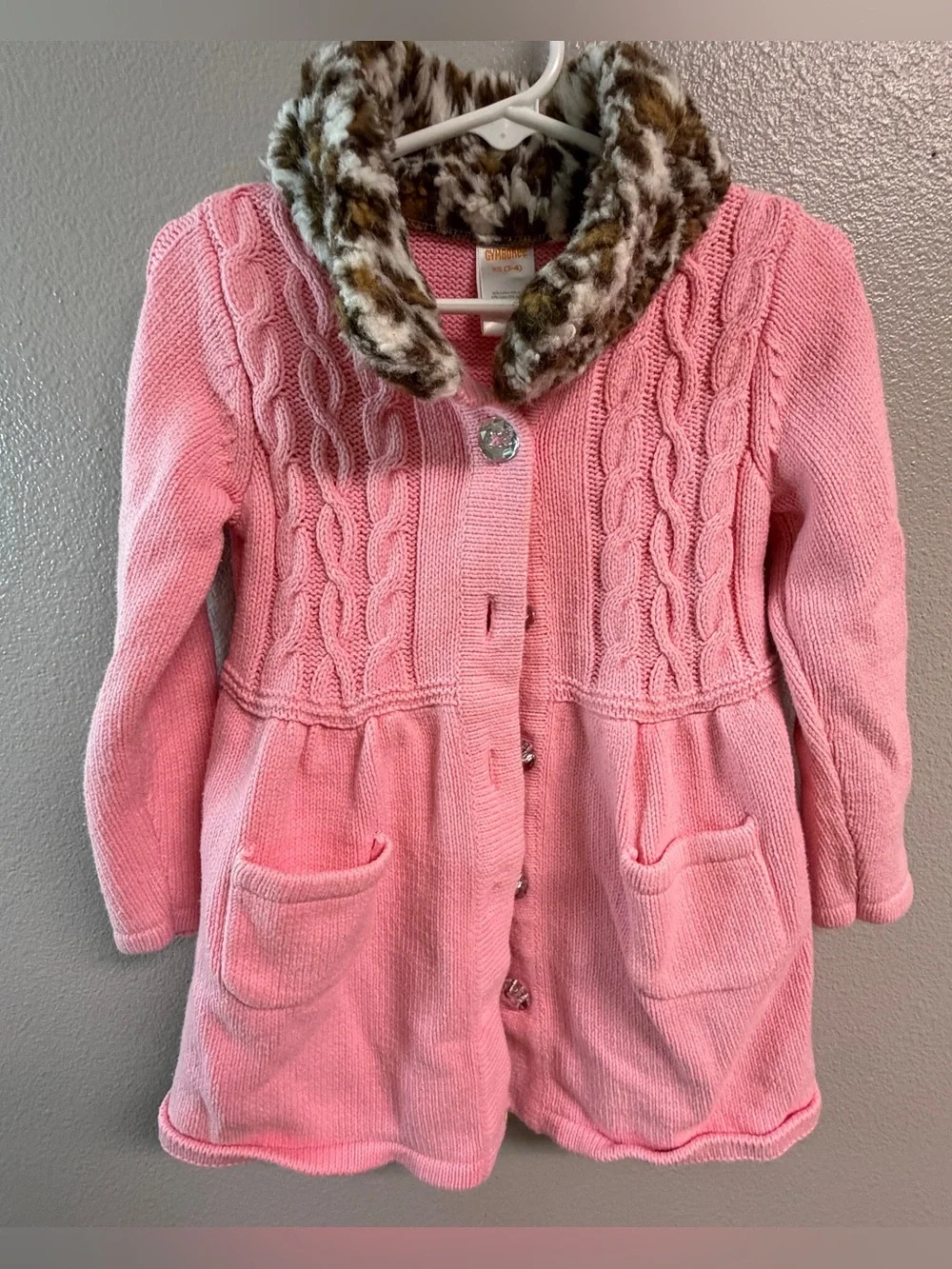 Gymboree Pink Knit Pea Coat with Faux Fur Leopard Collar